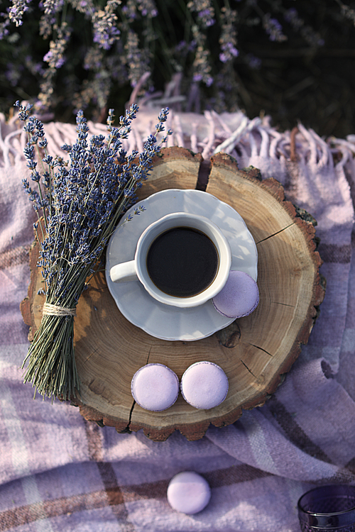 top view of cup of coffee and violet macarons on blanket at picnic