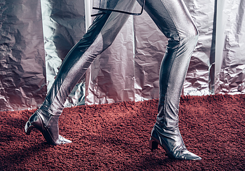 partial view of model posing in silver bodysuit and footwear on metallic background