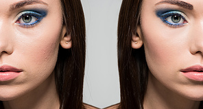 face of beautiful young woman with fashionable makeup before and after retouch isolated on grey