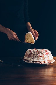 cropped view of woman holding piece of traditional christmas cake