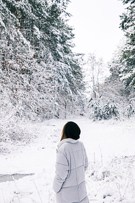 rear view of woman walking in snowy forest