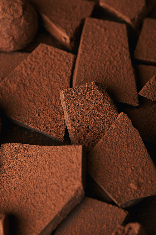 close up view of heap of chocolate bars in cocoa powder