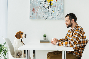side view of businessman sitting at table and looking at dog