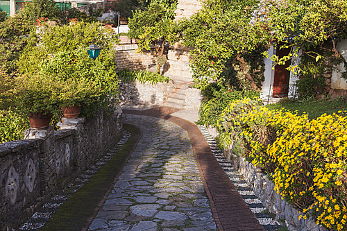 stone pathway and beautiful architecture on cozy street in Portovenere, Italy