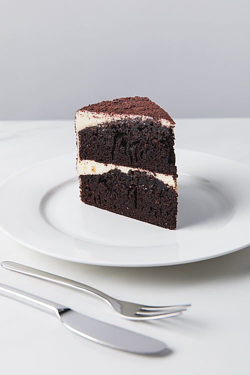 Closeup view of chocolate cake on white plate placed on white surface