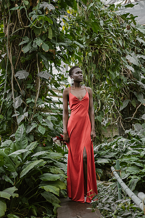beautiful fashionable african american girl posing in red dress in tropical garden