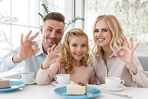 happy young family showing okay sign at camera in cafe