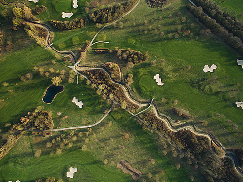 Aerial view of landscape with green hills and ponds, Germany