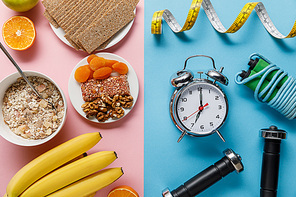 top view of fresh fruits, crispbread and breakfast cereal on pink and dumbbells, alarm clock, skipping rope and measuring tape on blue background