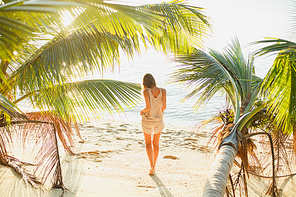 rear view of woman standing between palm trees on sea beach
