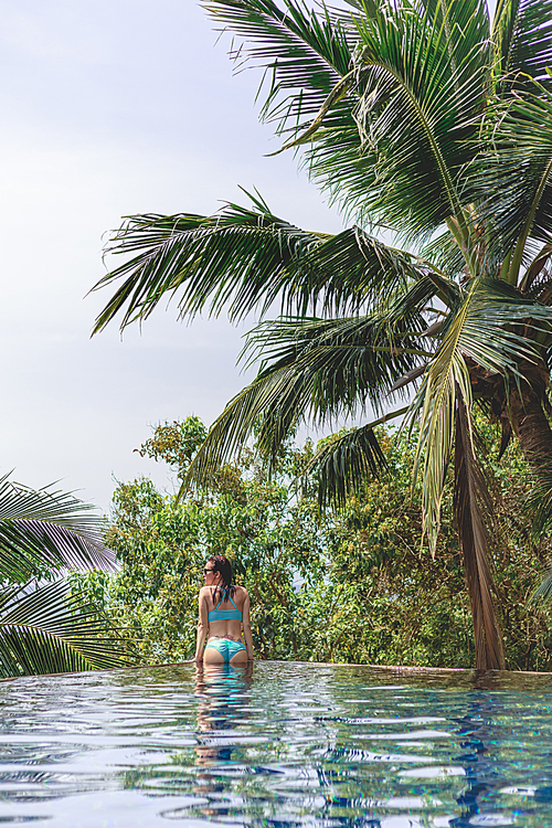 rear view of seductive 20대 여성 in bikini in swimming pool at tropical resort