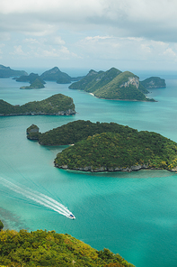 aerial view of yacht and islands in ocean at Ang Thong National Park, Ko Samui, Thailand