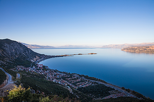 aerial view of beautiful harbour with calm water and town on coast, egirdir, turkey