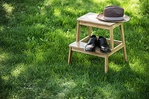 close up view of arranged black leather shoes and straw hat on wooden stairs on grassland