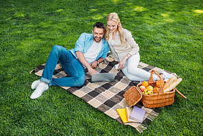high angle view of happy couple using laptop on plaid at picnic in park