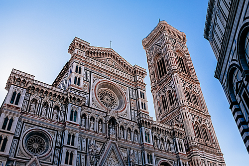 beautiful facade of Duomo Cathedral with Giotto Bell Tower in Florence, Italy