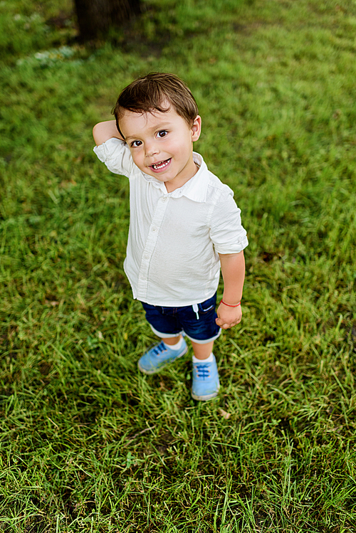 high angle view of adorable little kid standing on green grass and 