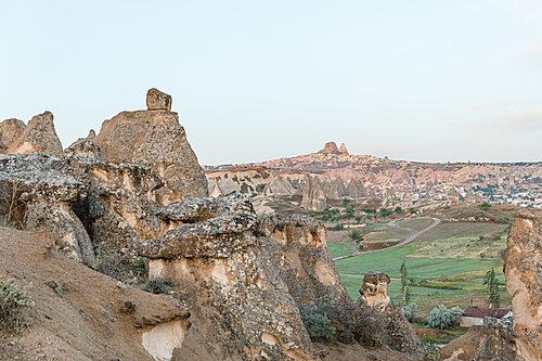 beautiful tranquil landscape with rock formations in famous cappadocia, turkey