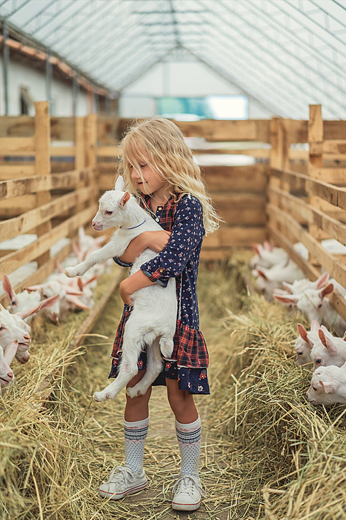 adorable kid hugging goat at farm