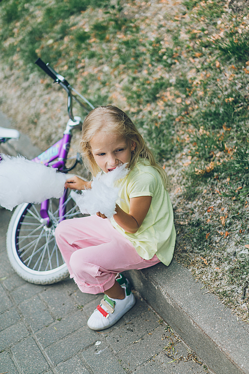 adorable kid with bicycle eating cotton candy in park