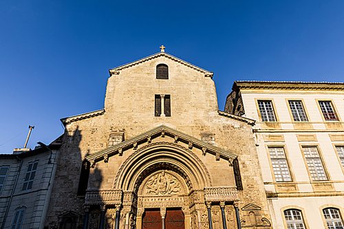 low angle view of beautiful old Church of St. Trophime in Arles, France