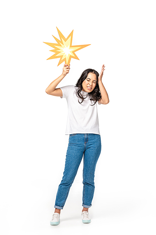 Scared asian woman with closed eyes holding bang sign isolated on white