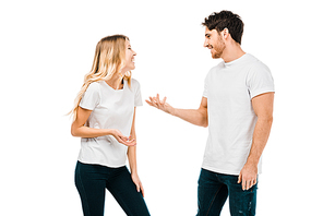 happy young couple talking and gesturing with hands isolated on white