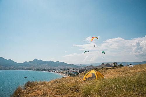 people flying on paragliders at sea, camping on foreground