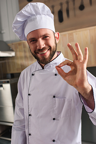 Smiling male chef showing ok sign on kitchen