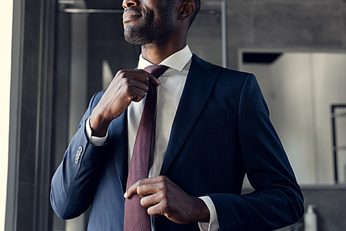 cropped shot of young businessman putting on his tie at bathroom