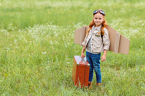 adorable kid in pilot costume with retro suitcase standing in summer field