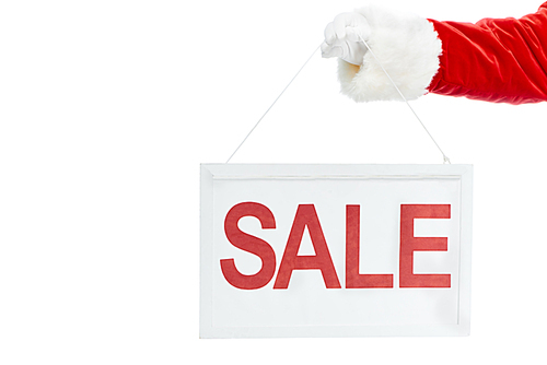 cropped view of santa claus holding sale board isolated on white