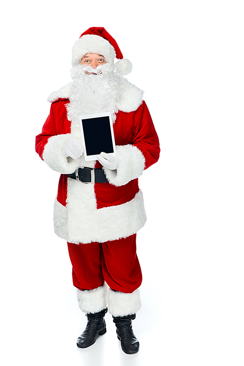 happy santa claus showing digital tablet with blank screen isolated on white