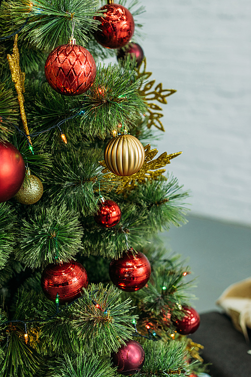 close-up shot of beautiful decorated christmas tree