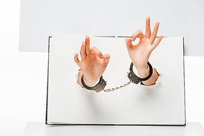 partial view of female hands in handcuffs showing ok sign through holes on white