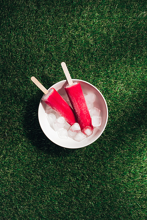 Bowl with red Popsicles and ice cubes on green grass background