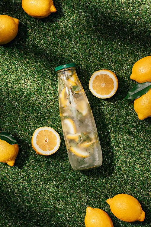 elevated view of bottle of lemonade and lemons on green lawn