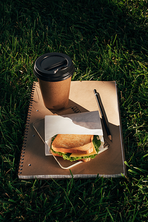 close up view of notebooks, sandwich and coffee to go on green grass