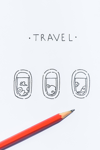 close up view of pencil on white paper with travel lettering and plane windows illustration