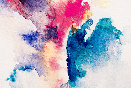 abstract painting with red, purple and blue watercolor paints on white background