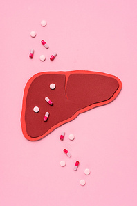view from above of various pills and liver on pink