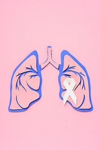 flat lay with lung cancer awareness white ribbon and human lungs on pink