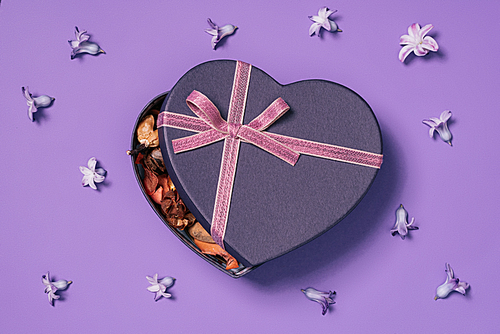 top view of heart shaped gift box with flowers around isolated on purple