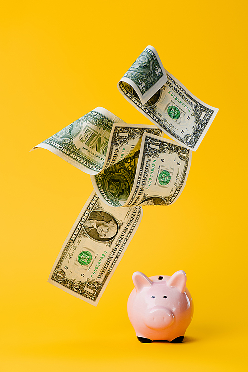 close up view of pink piggy bank and falling dollar banknotes isolated on yellow