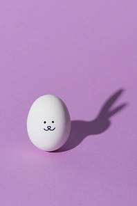 one chicken egg with smiley and rabbit shadow on purple surface