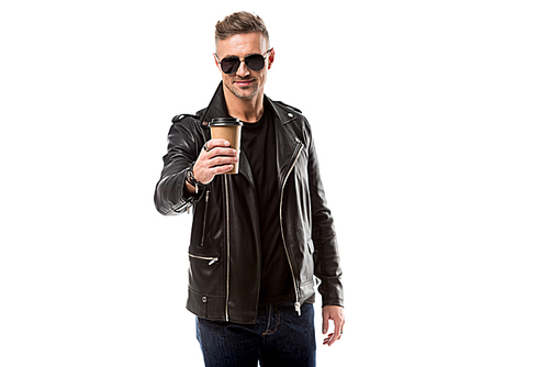 stylish adult man in leather jacket drinking coffee to go isolated on white