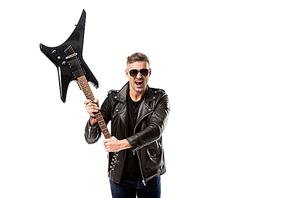 excited adult man in leather jacket holding electric guitar isolated on white