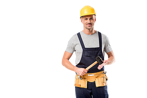 construction worker in helmet  and holding hammer isolated on white