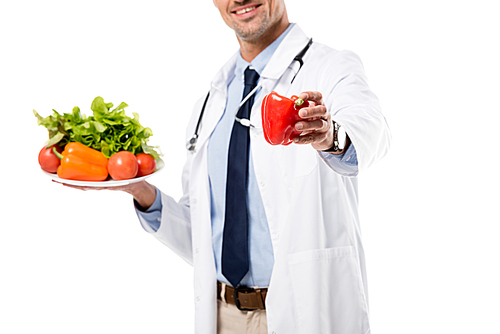 cropped view of doctor holding pepper and plate of fresh vegetables with greenery isolated on white, healthy eating concept