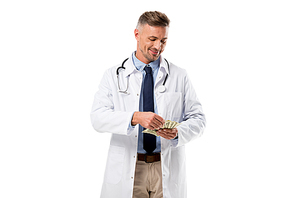 handsome doctor looking at money isolated on white, health insurance concept